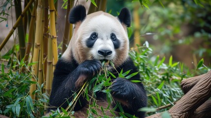 Giant Panda Enjoying a Bamboo Meal in Nature