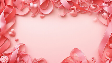 Pink,ribbons,and,hearts,3D,illustration,,pink,background,,soft,,pastel,colors,,love,,romance,,Valentine's,Day.