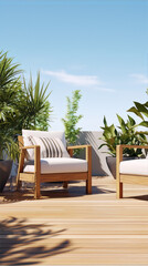 3D rendering of a modern outdoor seating area with wooden chairs and tropical plants
