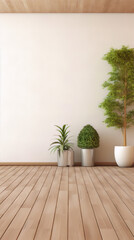 3d illustration of an empty room with wooden floor and plants in pots near the wall
