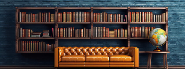 Blue brick wall with wooden bookshelf and vintage books, leather sofa and world globe in the library, 3d render