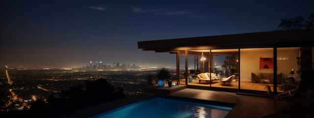 City,lights,view,at,night,from,a,modern,house,with,pool