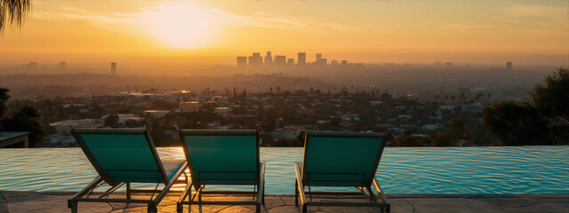 Cityscape,,sunset,,swimming,pool,,lounge,chairs,,palm,trees,,blue,,green,,yellow,,orange