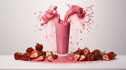 Pink strawberry milkshake splashing out of glass with fresh strawberries around it on white background