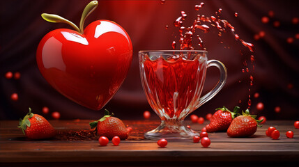 Fototapeta na wymiar Red heart and strawberries with red juice in glass on wooden table, 3d illustration