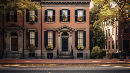 Cityscape,,architecture,,brick,,row,houses,,autumn,,colorful,leaves,,black,shutters,,blue,door,,steps,,fence,,street,,sidewalk,,trees,,sky