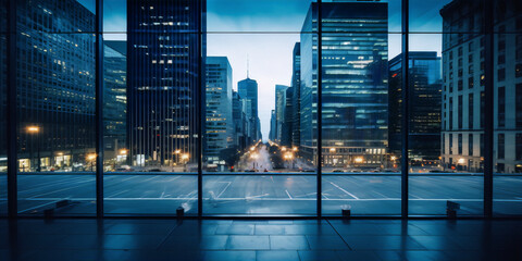 Cityscape,photography,of,New,York,City,skyscrapers,through,office,window,at,dusk,in,blue,colors