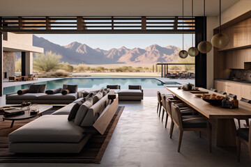 Modern,house,interior,with,pool,and,mountain,views,,neutral,colors,,natural,materials,,and,minimalist,style