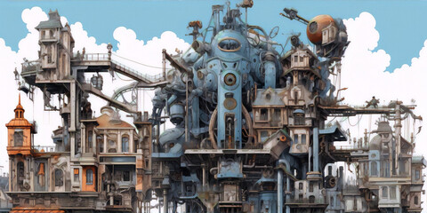 Fototapeta premium A steampunk city with a blue giant robot in the center.