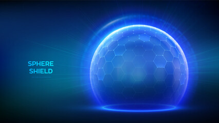 Protection sphere shield with hexagon pattern on blue background. Glass Dome shield. Glowing bubble shield in the form of a force energy field. Protection and safety concept. Vector illustration.