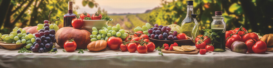 Still life of a bountiful harvest of fruits and vegetables in warm colors with a painterly style. - obrazy, fototapety, plakaty