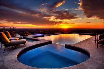 Luxury,rooftop,infinity,pool,and,spa,with,a,sunset,over,the,city
