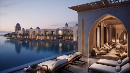 3d render of a luxury resort with Arabic architecture and blue accents - obrazy, fototapety, plakaty