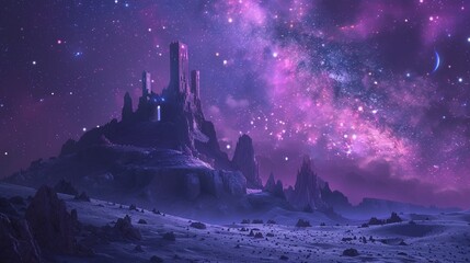 Fantasy celestial castle vibrant on moons surface panoramic view meteor shower light - obrazy, fototapety, plakaty