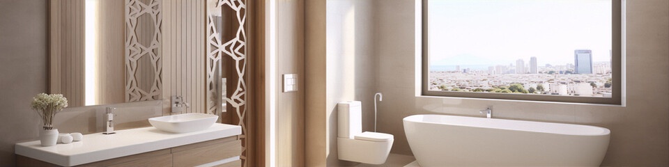 Bathroom interior in a modern style with large windows and a city view - obrazy, fototapety, plakaty