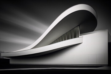 Fototapeta premium Black and white photo of a modern building with a curved roof.