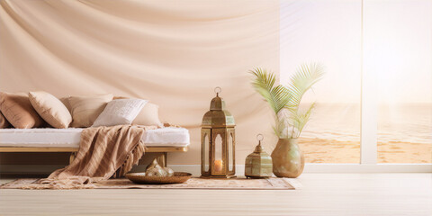 Soft warm colors, a comfortable sofa, and beautiful decorations for a stylish living room.