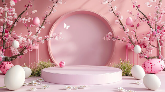 pink podium for display products, with eggs, butterfly, foliage and cherry blossom for cute easter background.
