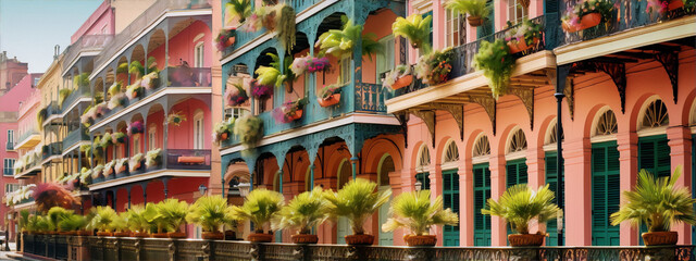 vibrant colorful new orleans architecture with green plants and flowers - obrazy, fototapety, plakaty