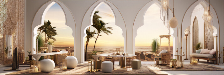 Luxury modern arabic style living room interior with sunset beach view - obrazy, fototapety, plakaty