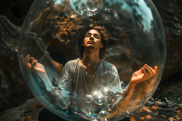 a man is sitting inside of a glass bubble