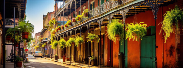 Colorful New Orleans architecture in the French Quarter with hanging plants and iron railings