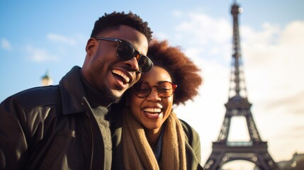 A happy African-American couple in center of Paris, against the backdrop of the Eiffel Tower. Tourists, Europe, Travel. A horizontal banner with copy space. The Layout Of The Postcard, Cover, Poster. - obrazy, fototapety, plakaty
