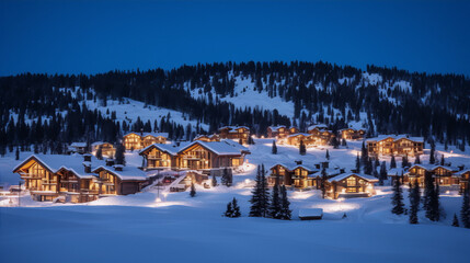 A winter wonderland of luxury ski chalets nestled in a snowy forest.