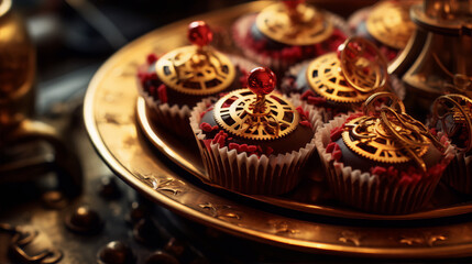 Still life of steampunk cupcakes with gears on a golden plate - obrazy, fototapety, plakaty