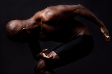 Black man, dancer and fitness with body muscle for fashion, style or art on a dark studio background. African male person, performer or bodybuilder in pose with muscular or masculine figure on mockup