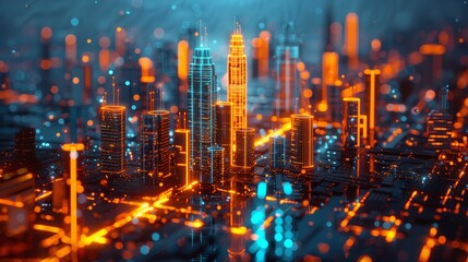 Fototapeta premium Abstract digital cityscape with skyscrapers and neon lights, representing urban development. Futuristic city concept.