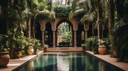 A photo of a beautiful Moroccan courtyard with a pool, greenery, and intricate architecture. - obrazy, fototapety, plakaty