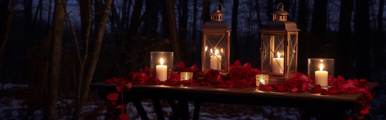 Still life of two lanterns and candles on a wooden table in a dark forest with red rose petals