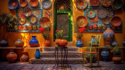 Colorful and intricate Moroccan-style mosaic tiles and pottery in a courtyard - obrazy, fototapety, plakaty