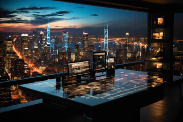 A high-tech trading floor with transparent displays showing real-time market data against a city skyline.