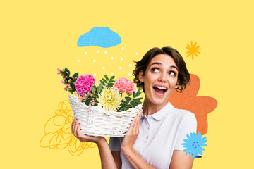 Trend artwork composite sketch image photo collage of excited lady hold flower rose daisy basket...