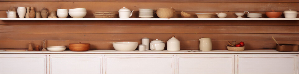 Fototapeta na wymiar Various ceramic and wooden kitchenware on rustic wooden shelves against a wood grain background in warm colors.