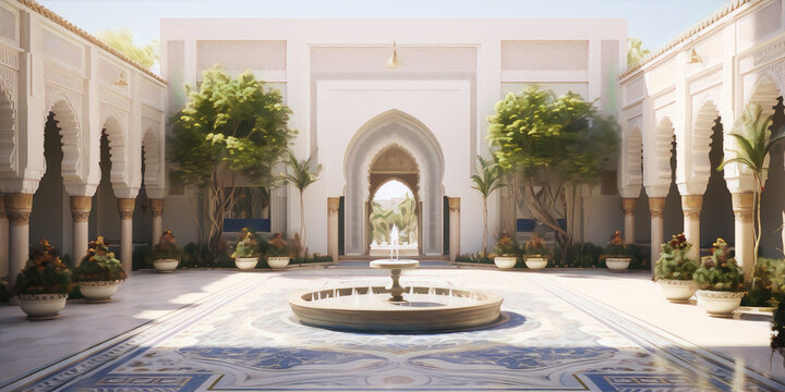 3D rendering of a Moroccan courtyard with intricate tile work,??,?????.