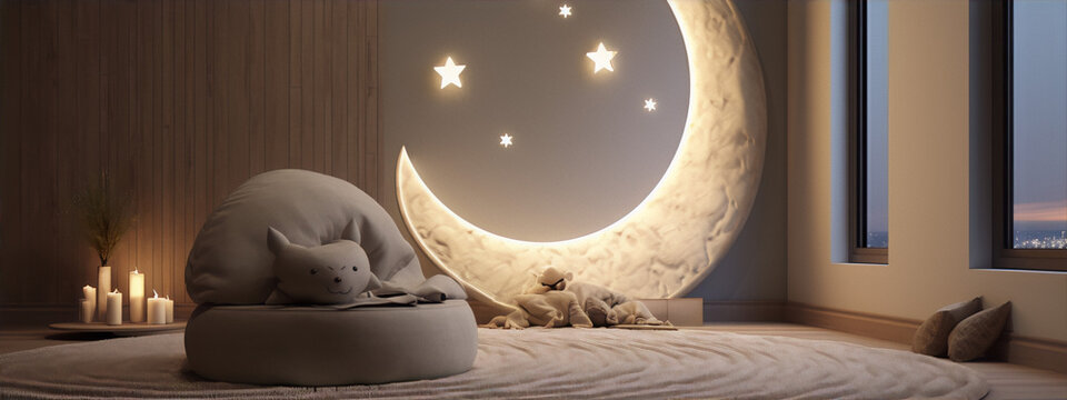 3D rendering of a cozy moon-shaped bed with a cat plushie and a teddy bear in a modern minimalist room with wood paneling and a large window.