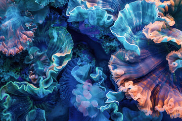 Luminous Coral Elegance. An enchanting close-up of vibrant coral formations glowing with luminescent colors against a deep-sea backdrop.