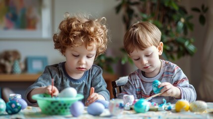 Two little boys painting easter eggs, Easter traditional activity