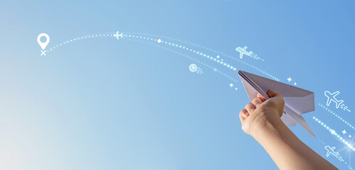 Hand releasing a paper airplane with icons related to airplane travel. Background for tourism,...