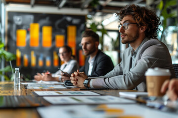 A dynamic image of business executives conducting a performance review meeting, providing feedback and guidance to their team members to support their professional development. - obrazy, fototapety, plakaty