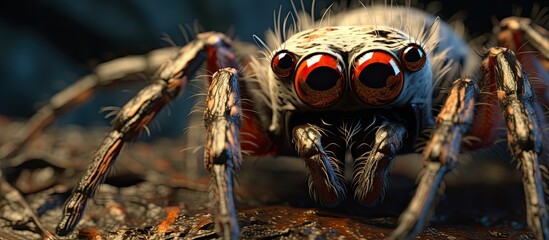 Closeup of a redeyed jumping spider, an arthropod and terrestrial animal, captured in macro photography. This arachnid is a pest to some but a fascinating part of wildlife - Powered by Adobe