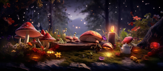 Whimsical digital painting of a fairy circle with mushrooms, flowers, and a candle in the moonlight. - obrazy, fototapety, plakaty