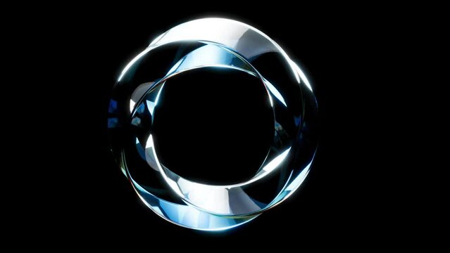 A white and blue glass ring on black back light reflection refraction caustics with circular shape minimalist style 4k