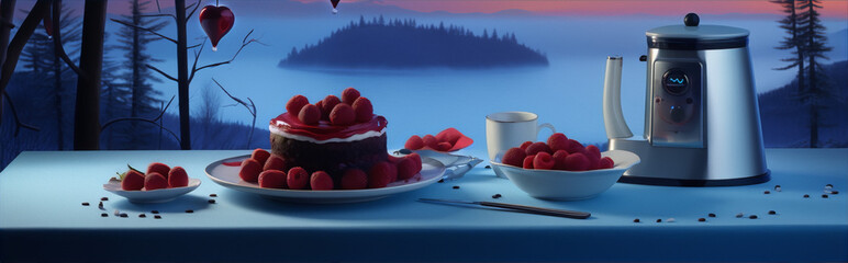 A raspberry cake and a cup of coffee on a table with a view of a lake and mountains in the background. - obrazy, fototapety, plakaty