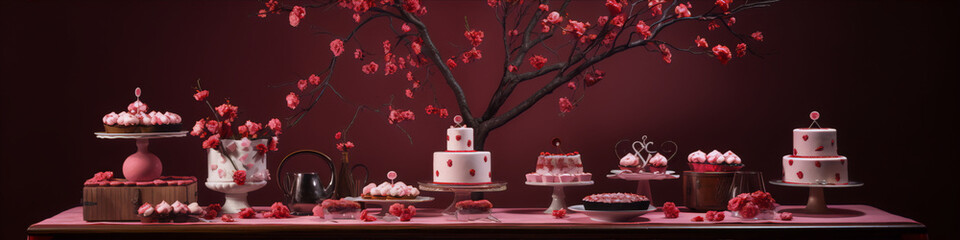 Pink and white cakes and sweets on a table with a pink background and cherry blossom branches. - obrazy, fototapety, plakaty