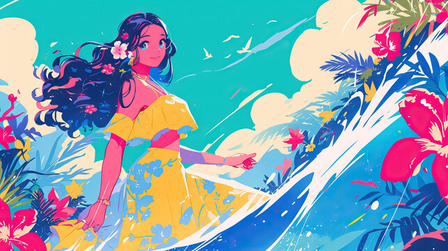side view beautiful hawaiian girl in the sea with flowers and plants. copy space.