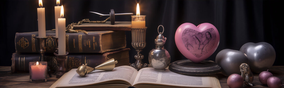 Pink heart locket, vintage books and silver candlesticks with burning candles on a wooden table.
